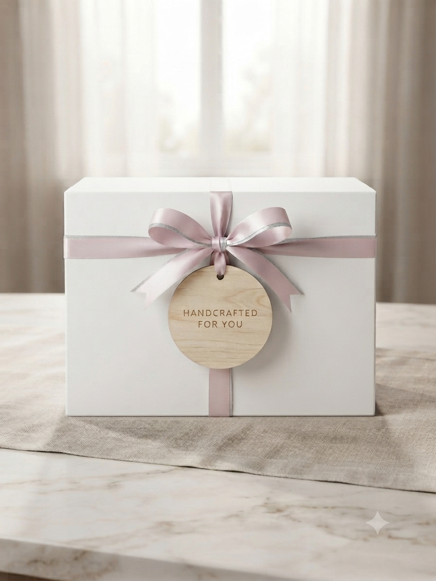 Eco Fibre — remains returned in a handcrafted white gift box with a mauve satin ribbon