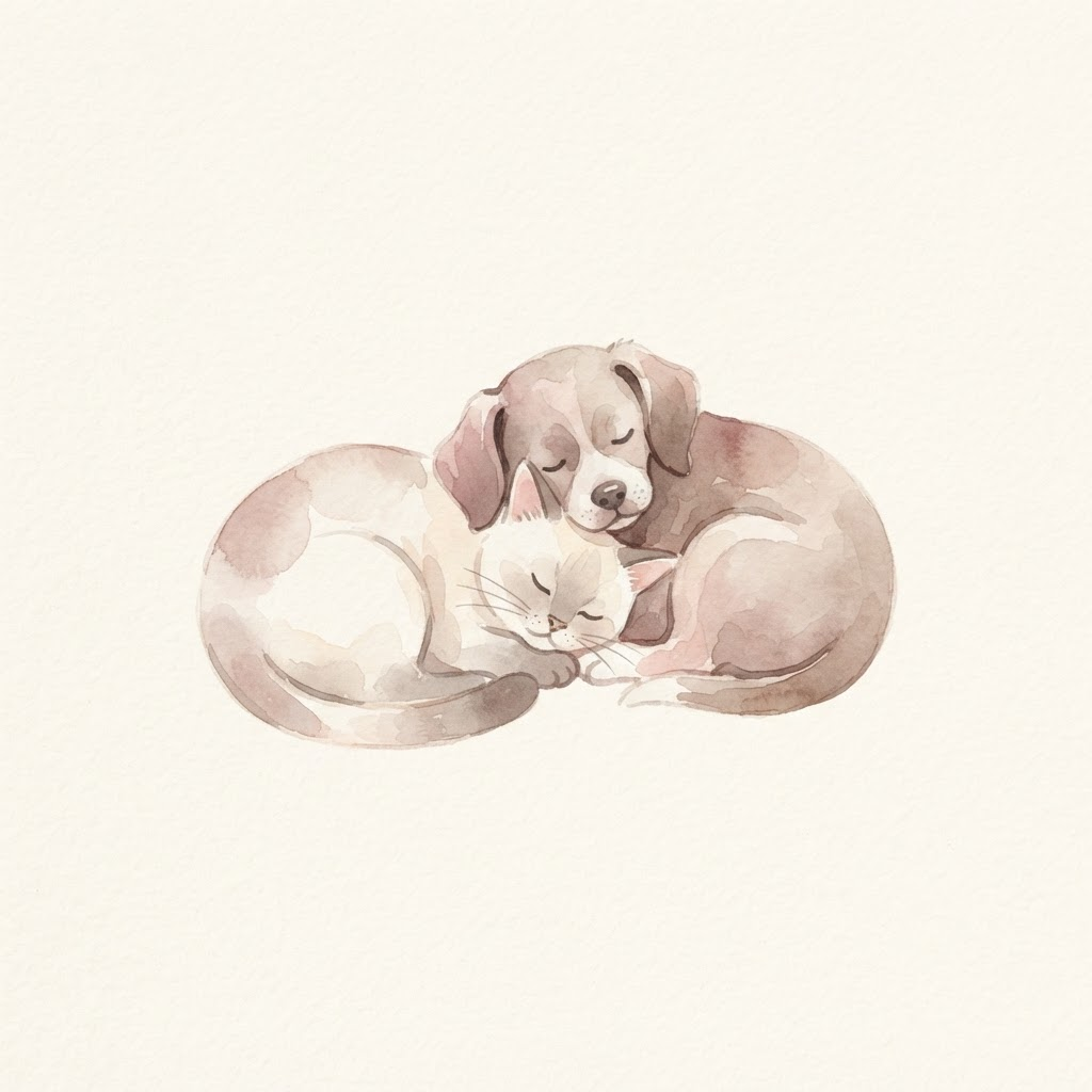Soft watercolour illustration of a cat and dog resting peacefully together
