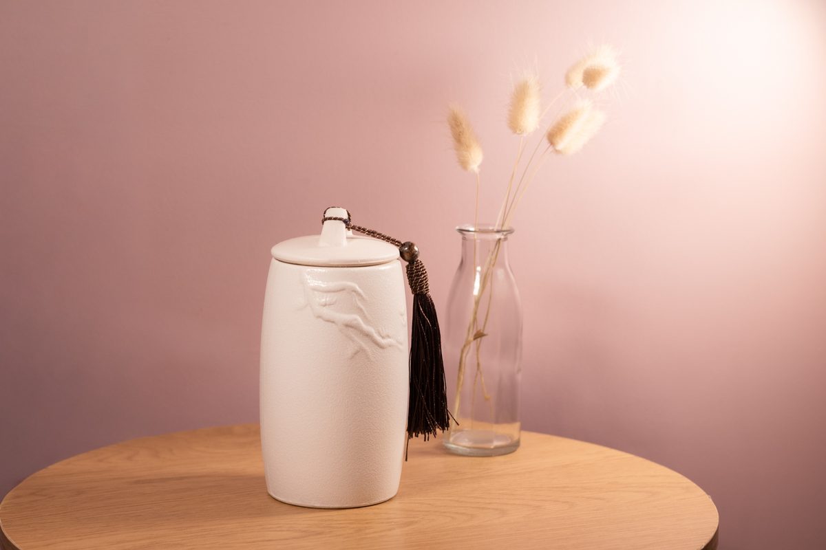 Cream Relief Urn with Tassel
